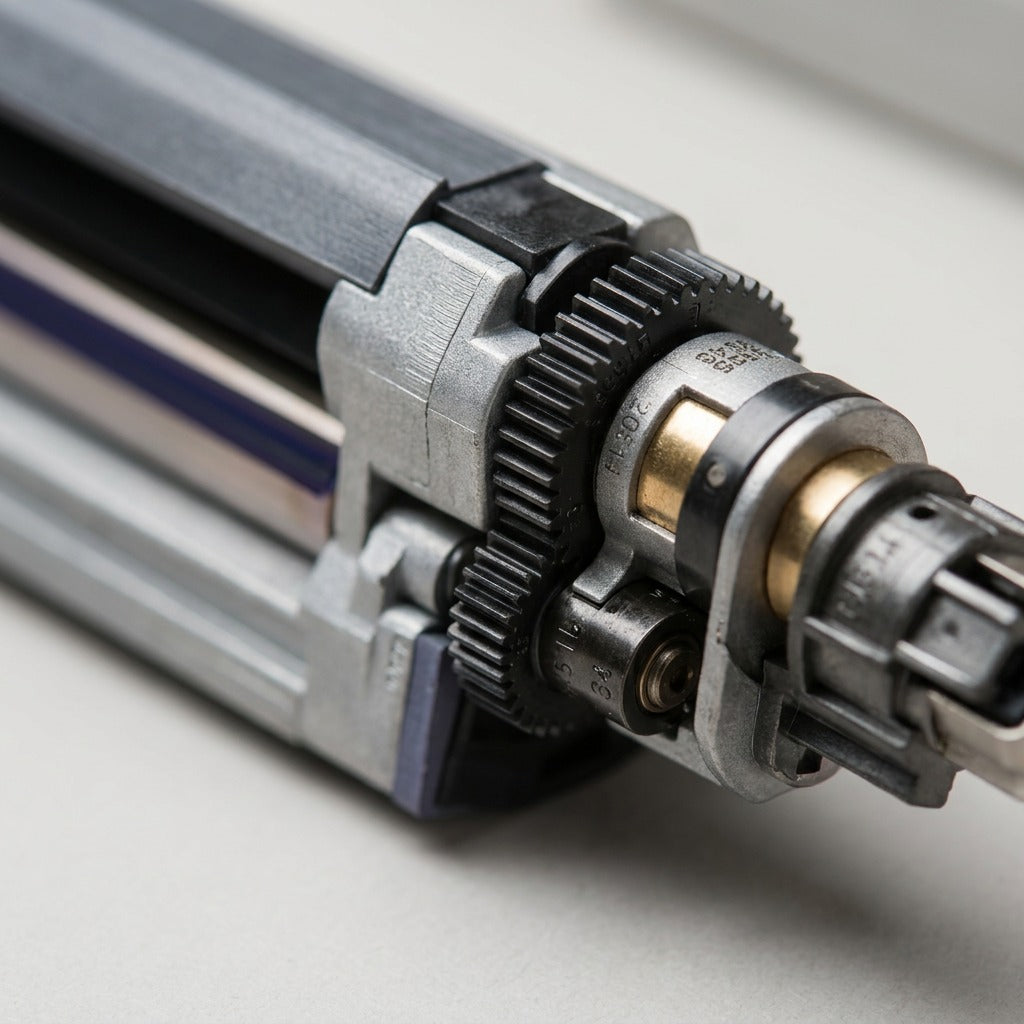 Extreme macro view of the Xerox 104R00256 cleaner, showing intricate gear teeth, a metal bushing, and blade interface detail.