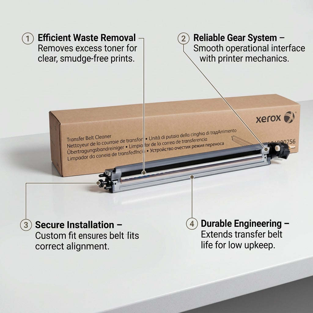 Ecom graphic for Xerox 104R00256 transfer belt cleaner with callouts for waste removal and durablity.