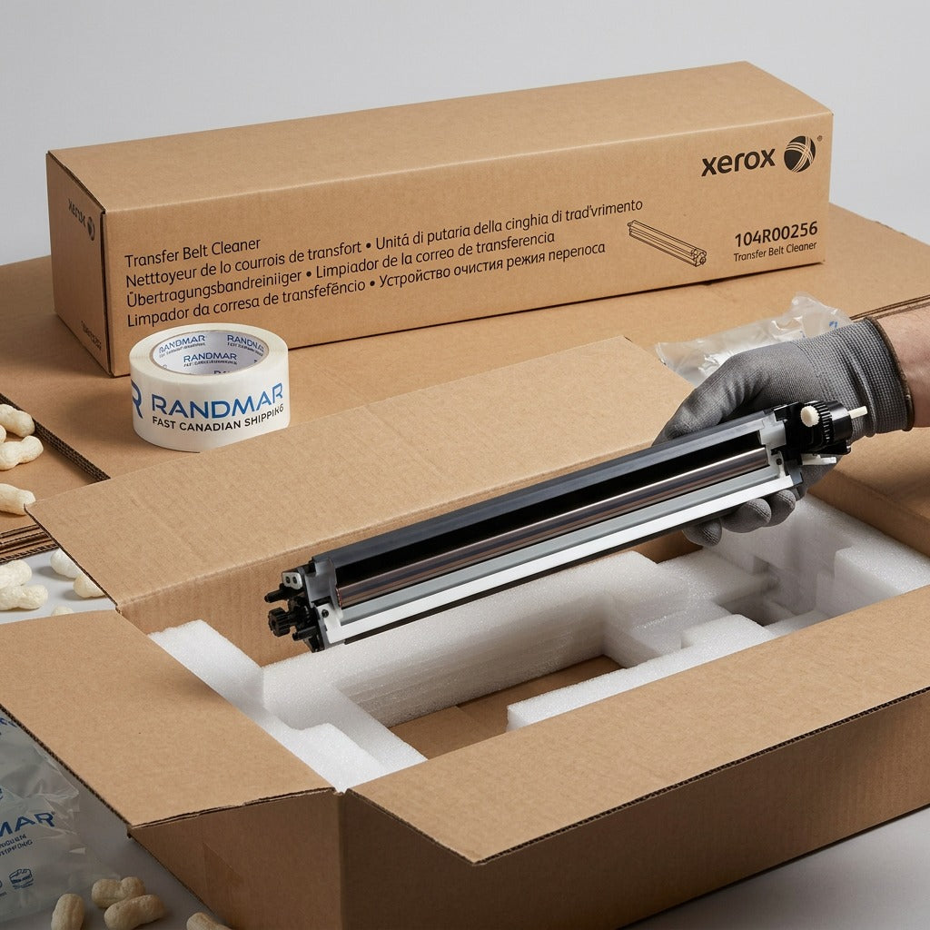 Gloved hand lifts Xerox transfer belt cleaner from custom protective shipping foam.