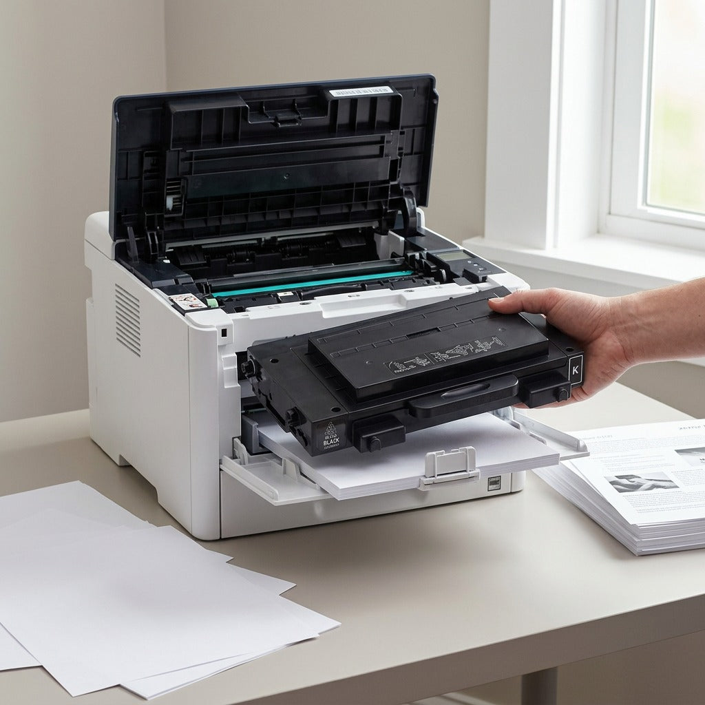 Lifestyle photo of a black Xerox 106R00684 Phaser 6100 toner cartridge being installed in a printer.