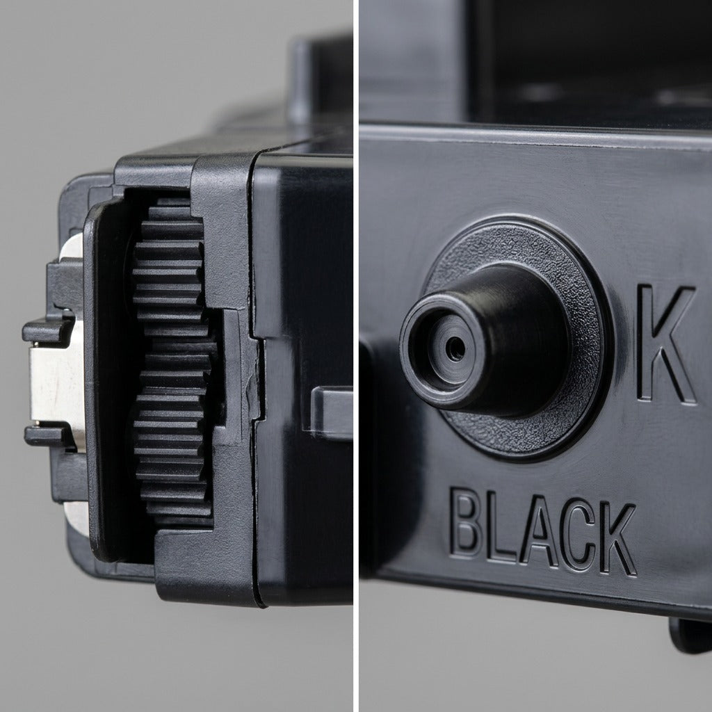 Two macro photos focusing on the toner cartridge's gear and nozzle details.