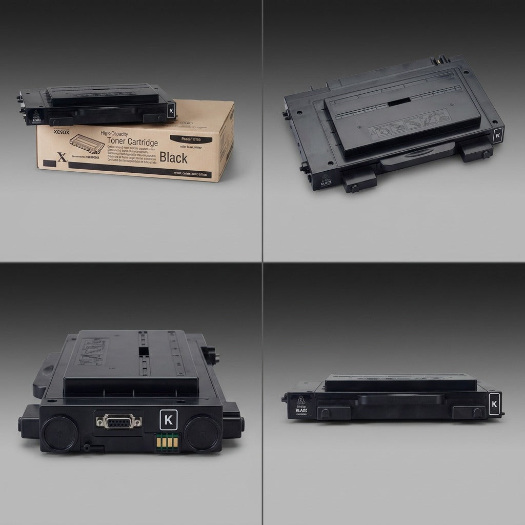 A premium ecommerce visual matrix grid, showcasing four distinct angles of the canonical Xerox Phaser 6100 black toner cartridge.