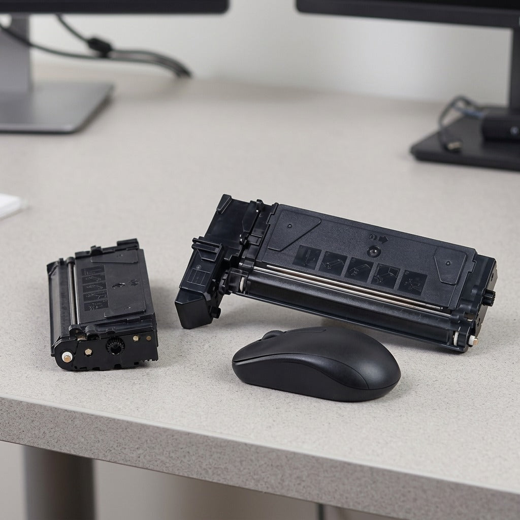 Xerox 106R01047 toner cartridge shown beside a computer mouse for scale comparison.