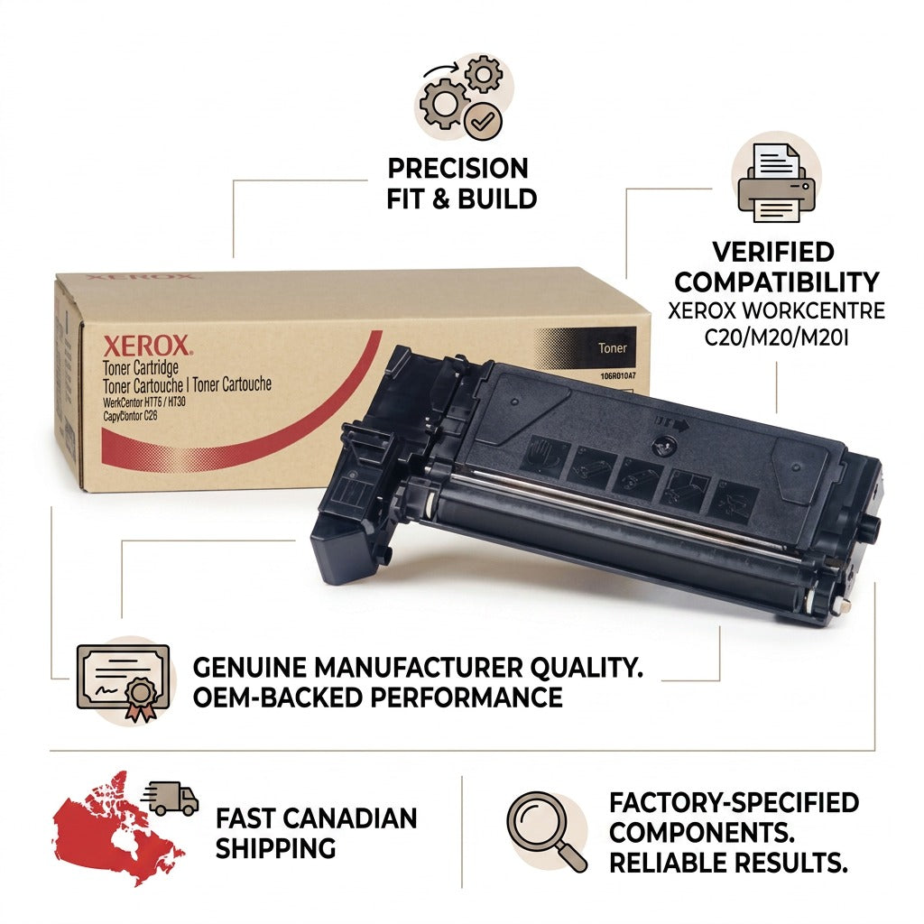 A clean ecommerce infographic featuring a Xerox toner cartridge, box, and key benefit icons.
