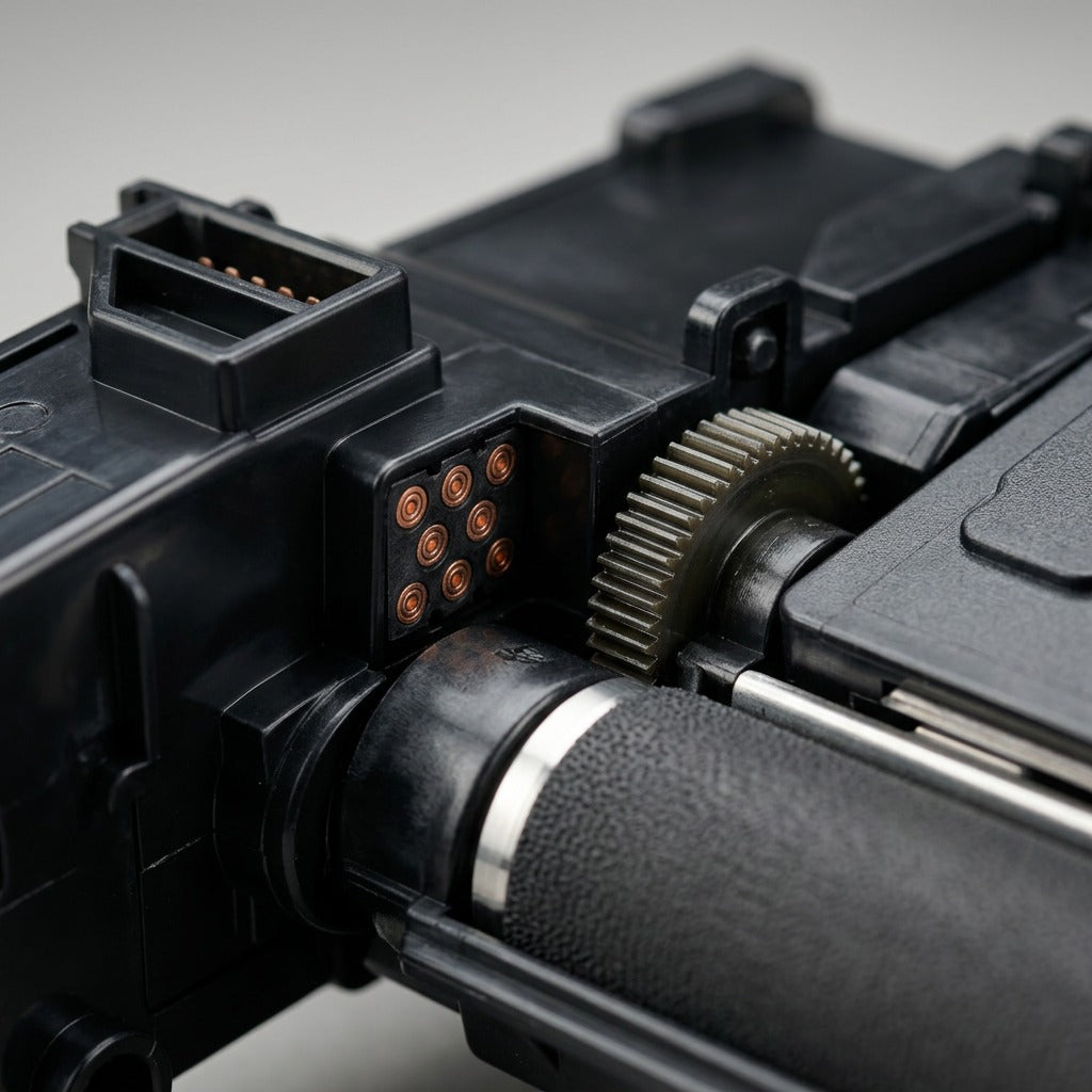 Extreme close-up detail shot of the toner cartridge contact patch and precision gearing.