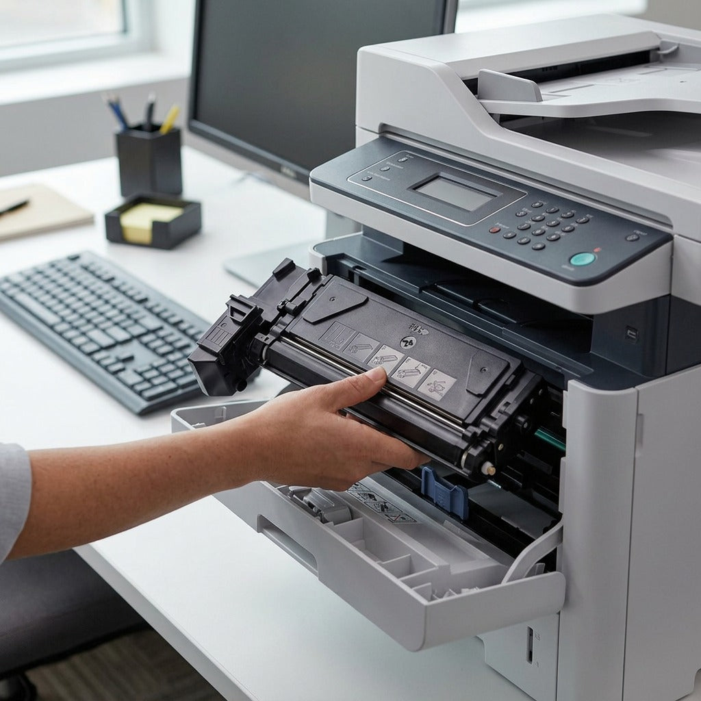 The Xerox 106R01047 toner, removed from its box, rests horizontally on a clean, modern desk in an office setting. A hand is about to insert it into a multi-function printer with the side panel open. Natural light illuminates the black plastic cartridge, showing its distinct shape, internal rollers, screws, and port details. The background shows a keyboard and monitor, emphasizing a productive workspace.