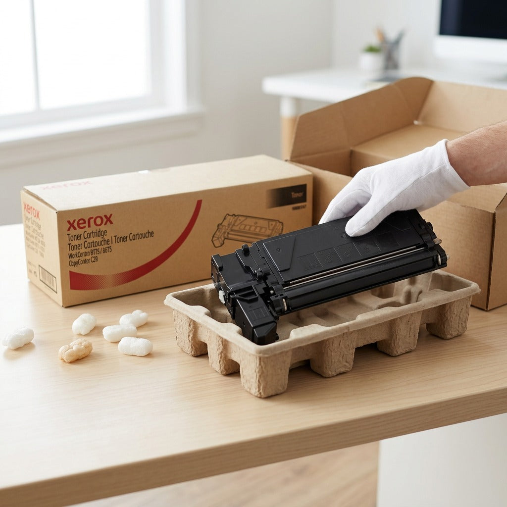 Premium unboxing scene showing the Xerox toner, secure padding, and its original box.