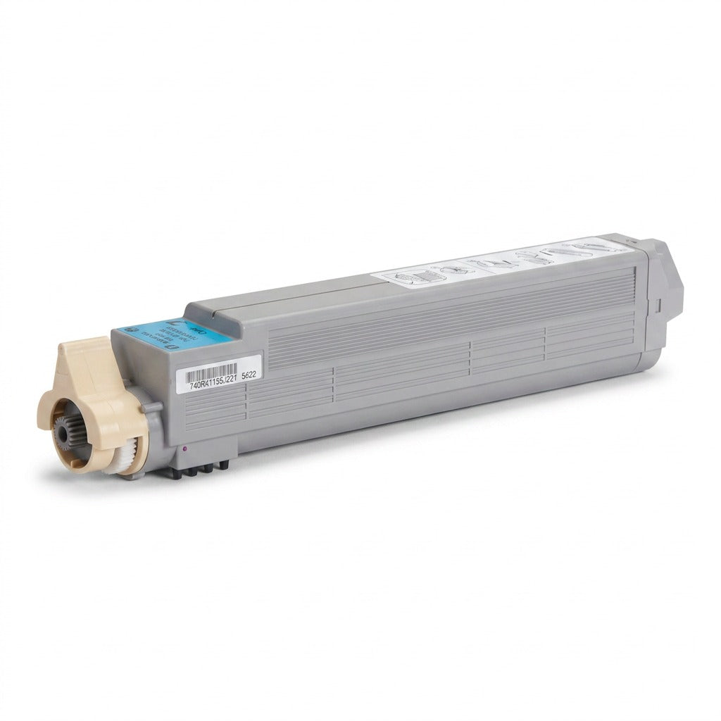 High-resolution hero shot of the gray Xerox 106R01077 Cyan High Capacity Toner Cartridge on white background.
