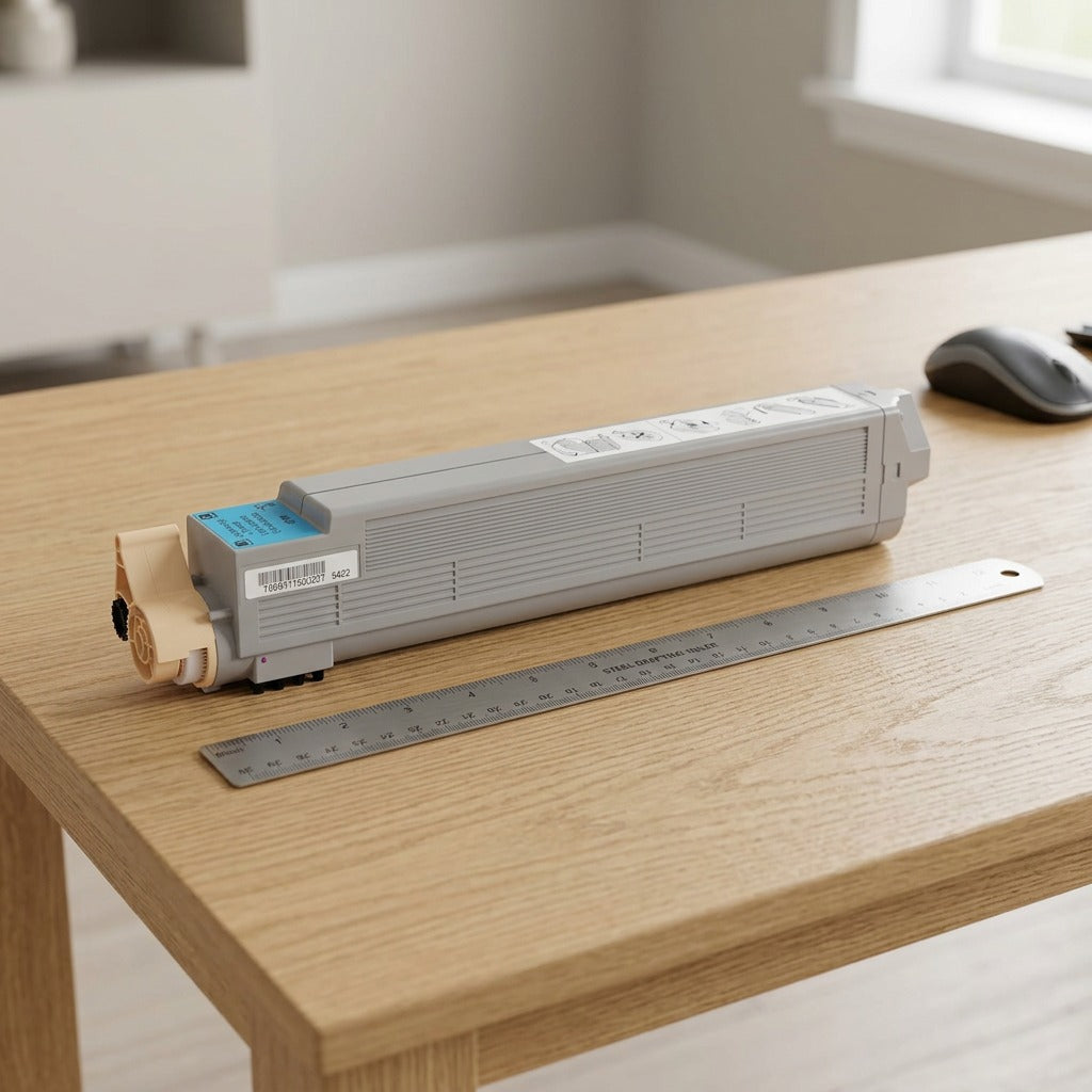 A Xerox Phaser 7400 Cyan toner cartridge sits on a wooden desk next to a standard ruler and mouse to illustrate its size.