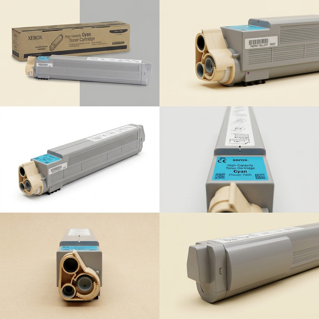 A six-panel visual matrix displaying the Cyan High Capacity Toner Cartridge to Phaser 7400 from various angles and perspectives on dynamic, labeled background panels.