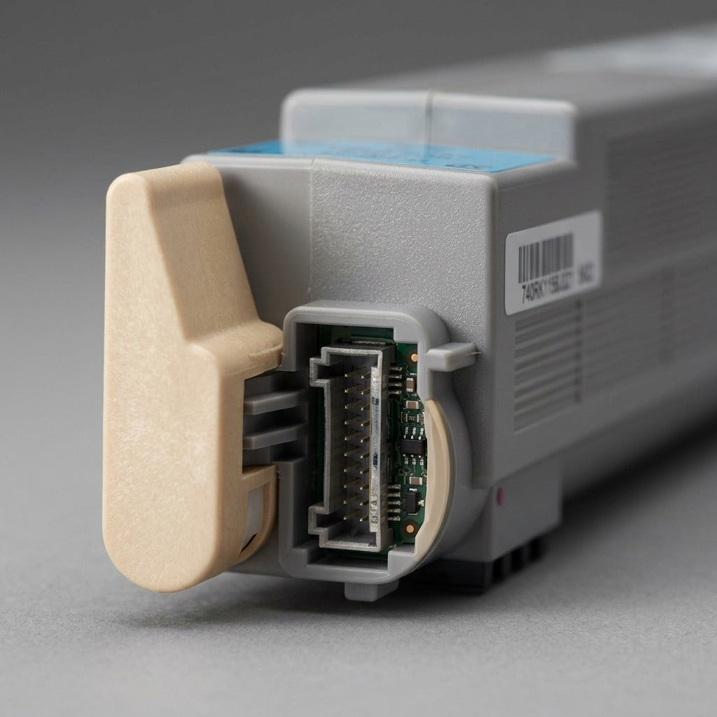 Extreme macro photo showing the precision contacts and intricate plastic geometry of the Xerox 106R01077 toner cartridge connector.