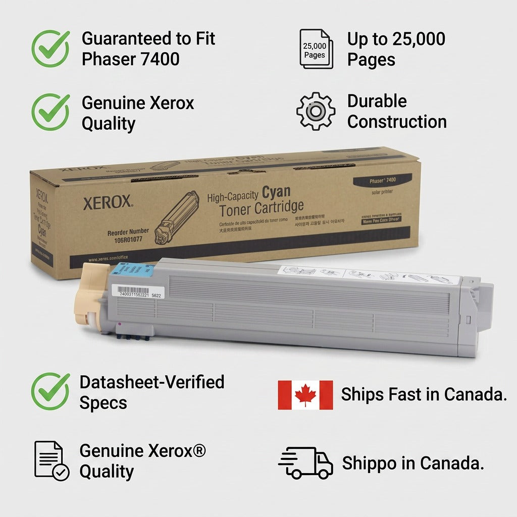 PDP infographic showcasing trust and authority for Xerox 106R01077 Cyan Toner Cartridge, featuring factual cues on compatibility, fast shipping, and manufacturer details with simple icons.