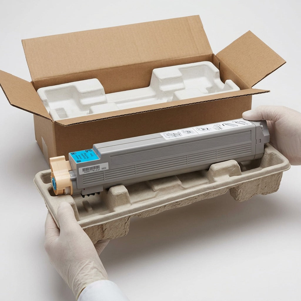 An unboxing scene shows the Xerox 106R01077 toner in a neutral box with protection.