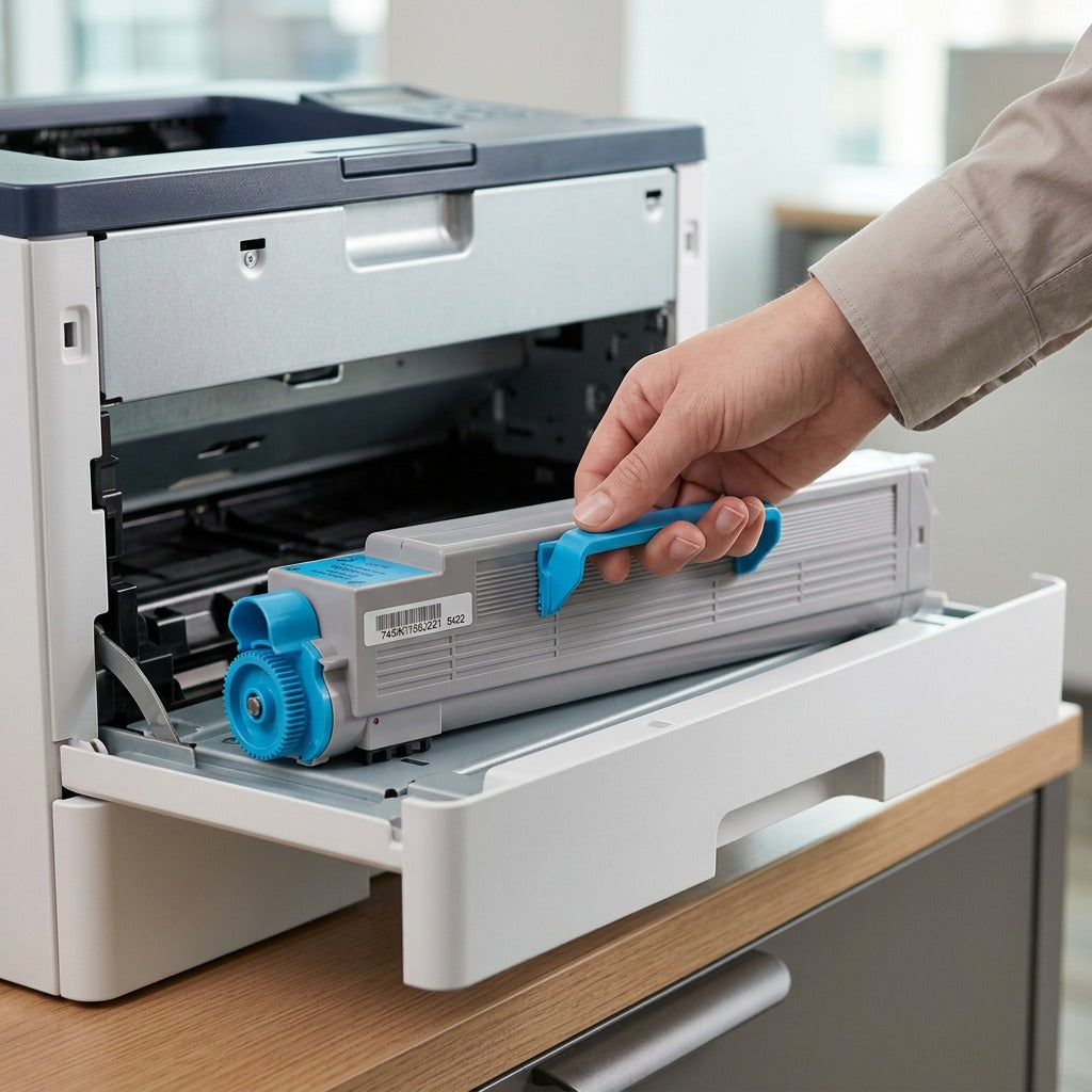 Xerox 106R01077 Cyan Toner Cartridge rests with its handle on a wooden desk.