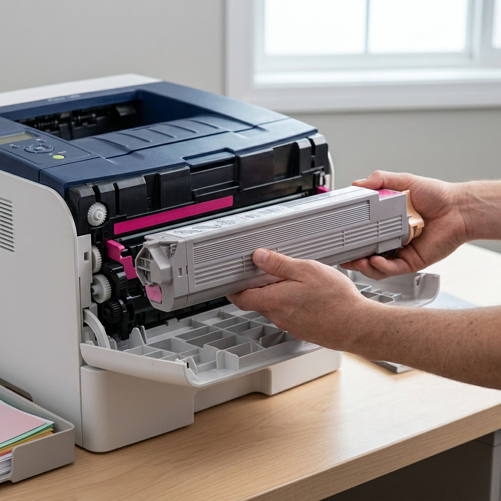 Hands installing the Xerox 106R01078 magenta toner cartridge into a Phaser 7400 printer.