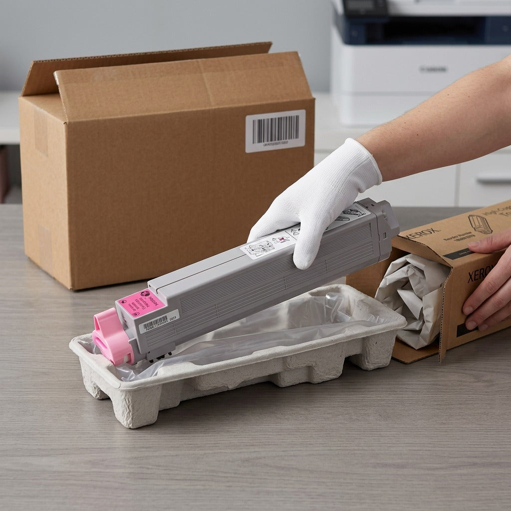 Xerox 106R01078 toner is carefully unpacked from cushioned, neutral brown shipping materials, highlighting safe transit.