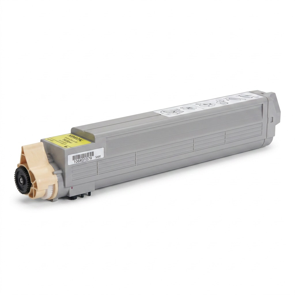 A high-resolution, centered view of the Xerox 106R01079 Yellow High Capacity Toner Cartridge, with yellow detailing on the end-cap, on a seamless pure white background.
