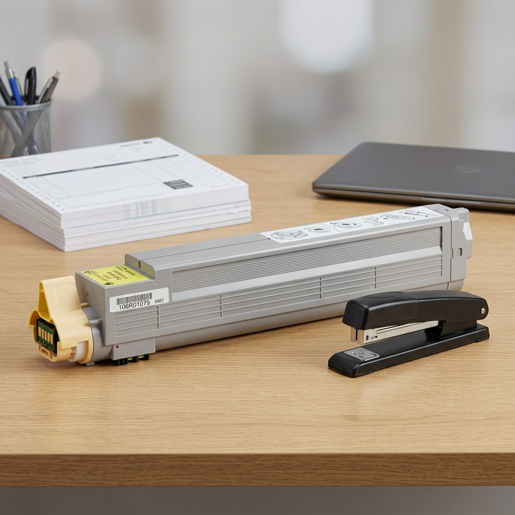 Studio scale photo comparing the Xerox 106R01079 toner cartridge with an office stapler.