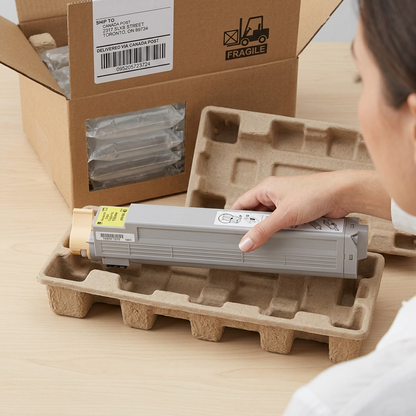 Xerox 106R01079 toner cartridge seen being carefully unpacked from its protective shipping box by a person.