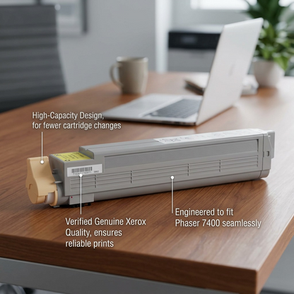 Operational infographic of a Xerox Phaser 7400 high-capacity toner cartridge with factual benefit callouts.