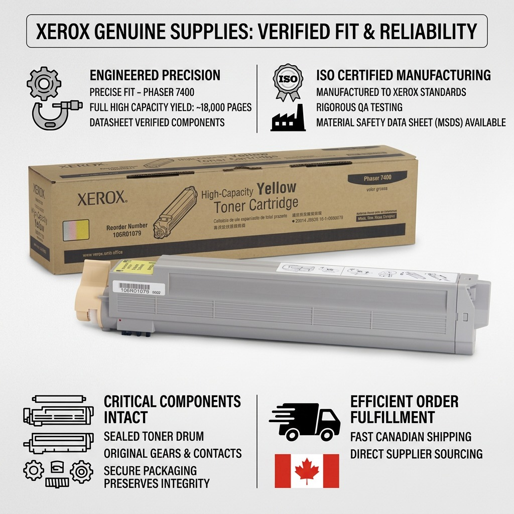 A clean ecommerce infographic featuring the Xerox 106R01079 toner and its box, surrounded by data points.