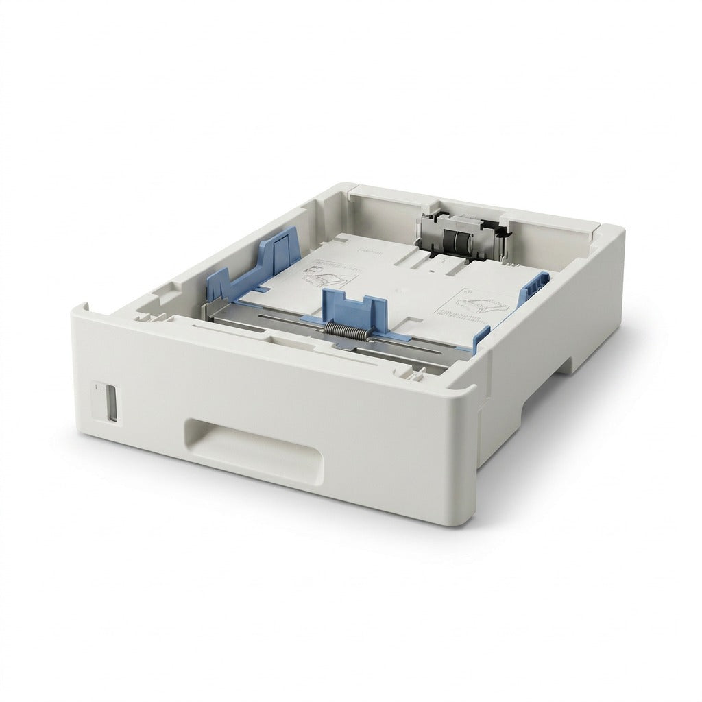 High-resolution 3/4 view photograph of a clean, light grey Xerox universal 550-sheet paper tray filled with white printer paper, centered on a pure white background.