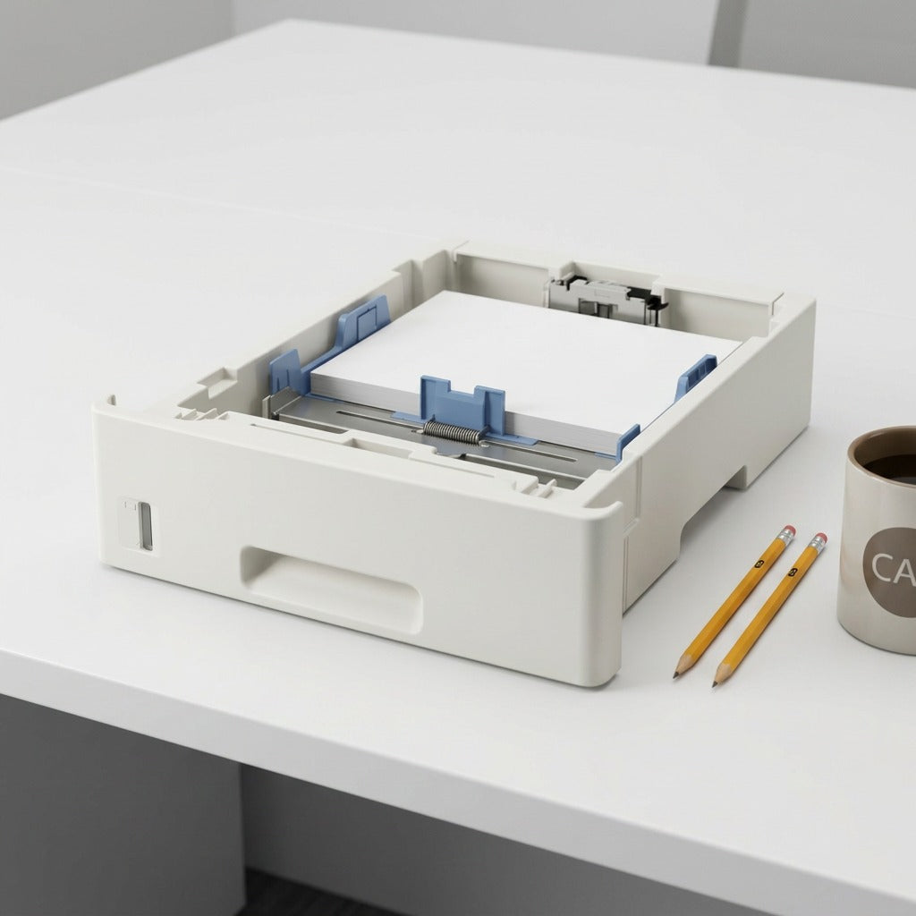 A view of the 550-sheet universal Xerox paper tray on a white desk, alongside pencils and a coffee mug for scale reference.