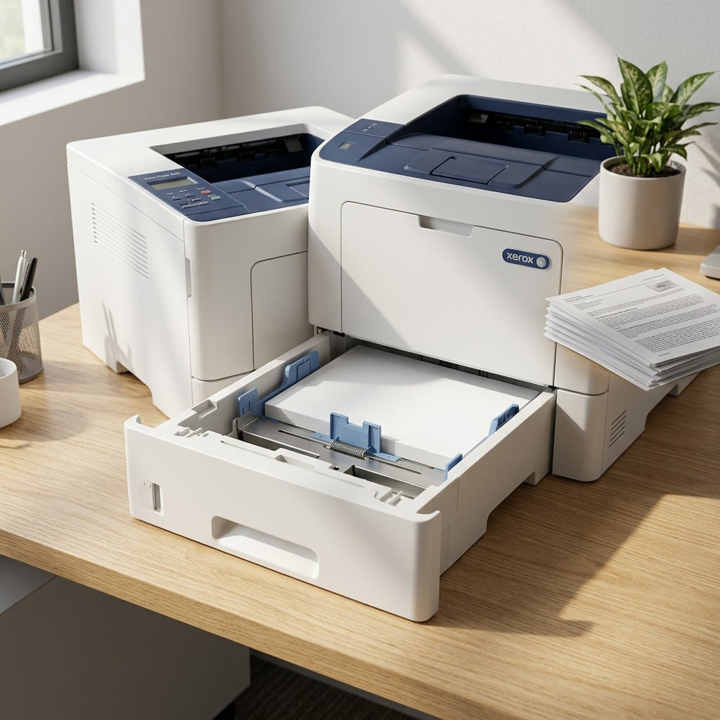 The Xerox TRAY UNIV REPL 550SHT input tray is shown open and loaded with paper, situated beneath a compatible Xerox laser printer in a sunlit office. A stack of fresh printouts lies beside it, and a desk plant and pen cup sit on the light wood desk, framed by a window and warm shadows.