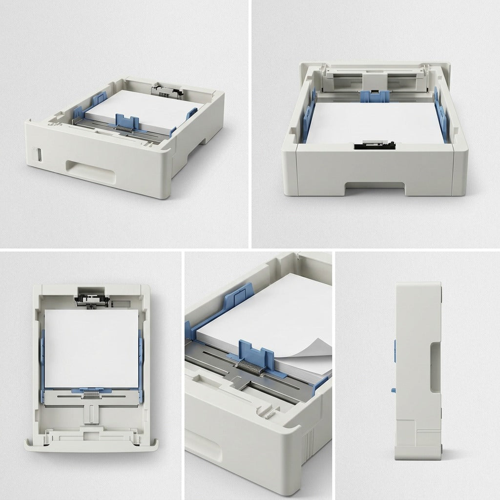 A product configuration matrix showcasing five useful angles of the Xerox 109R00721 550-sheet tray.