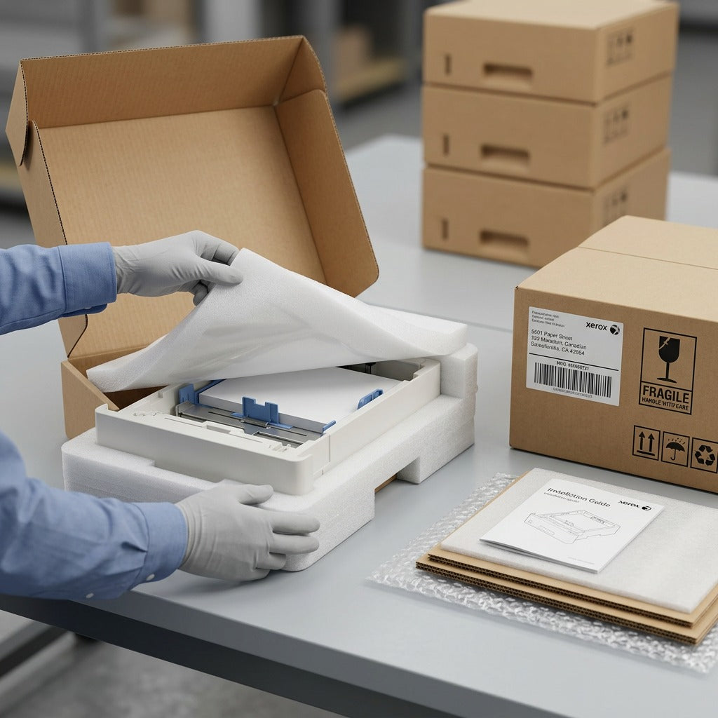 A premium, realistic photo showing the Xerox 550-sheet universal tray being securely unpacked from quality protective materials.