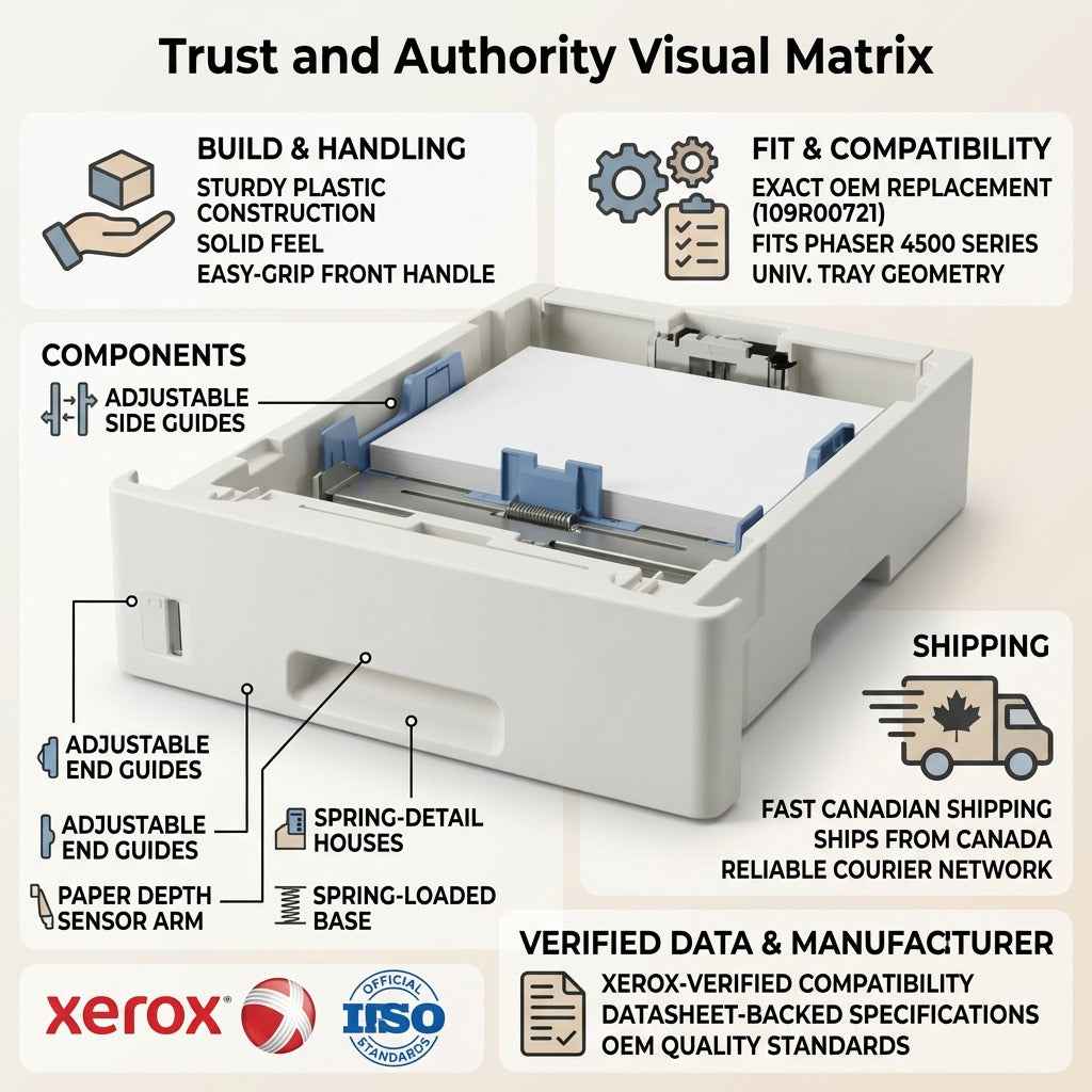 An infographic trust and authority visual matrix for a Xerox printer paper tray, with clean icons and factual cues, including Canadian shipping.