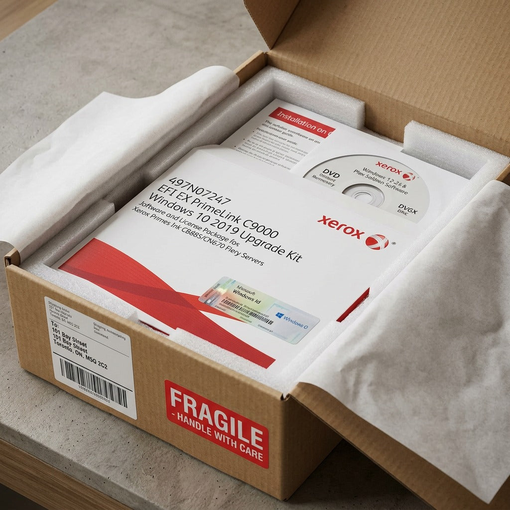 A close-up shot of the Xerox Windows 10 Kit in opened foam packaging within a protective shipping carton.
