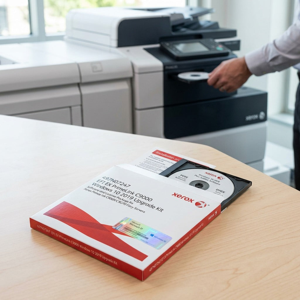 A photo of the Xerox EFI EX PrimeLink C9000 Windows 10 Upgrade Kit (SKU 497N07247) displayed on a clean wooden desk next to a modern printer.