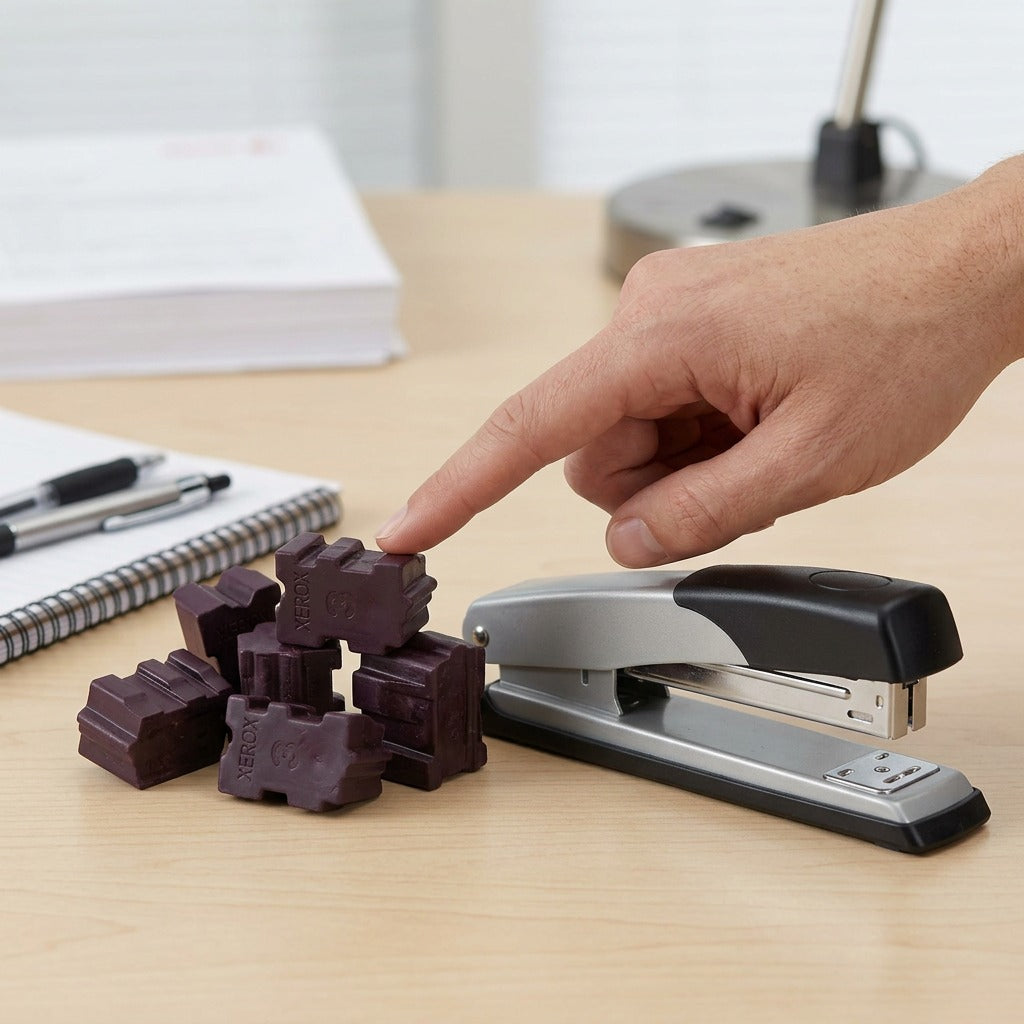 Magenta solid ink sticks next to a human finger on a wooden office desk.