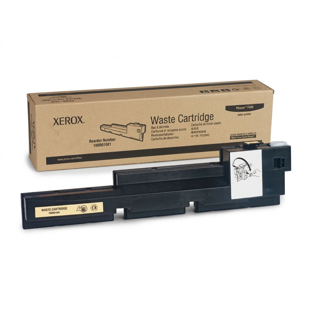 Pure high-resolution hero shot: black Xerox 106R01081 Waste Cartridge (Phaser 7400) centered against a pure white background.
