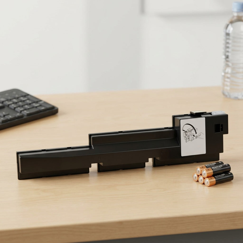Scale reference: Xerox 106R01081 Waste Cartridge beside AA batteries on a wooden surface.