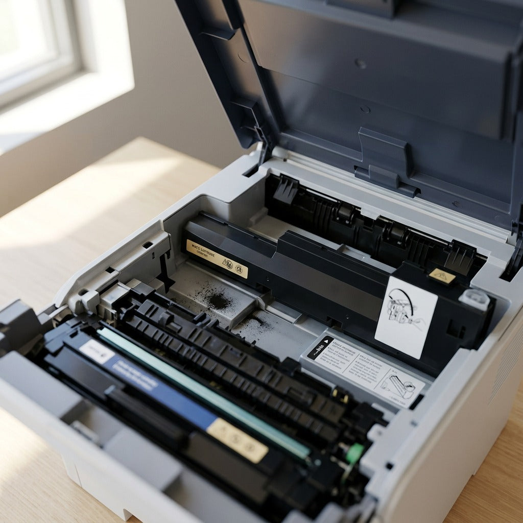Xerox 106R01081 Waste Cartridge installed within the open chassis of a Phaser 7400 printer.