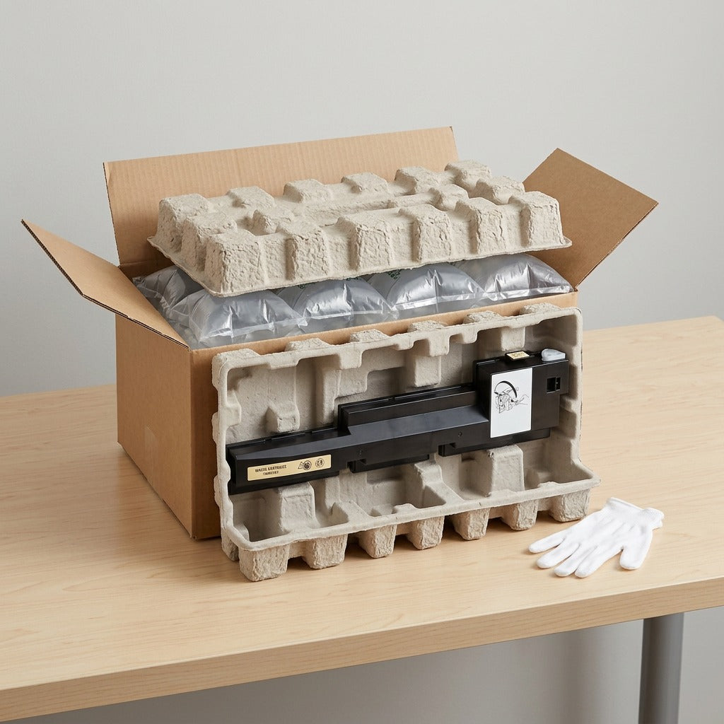 A detailed view of the Xerox 106R01081 cartridge unboxing with molded pulp and air cushions.