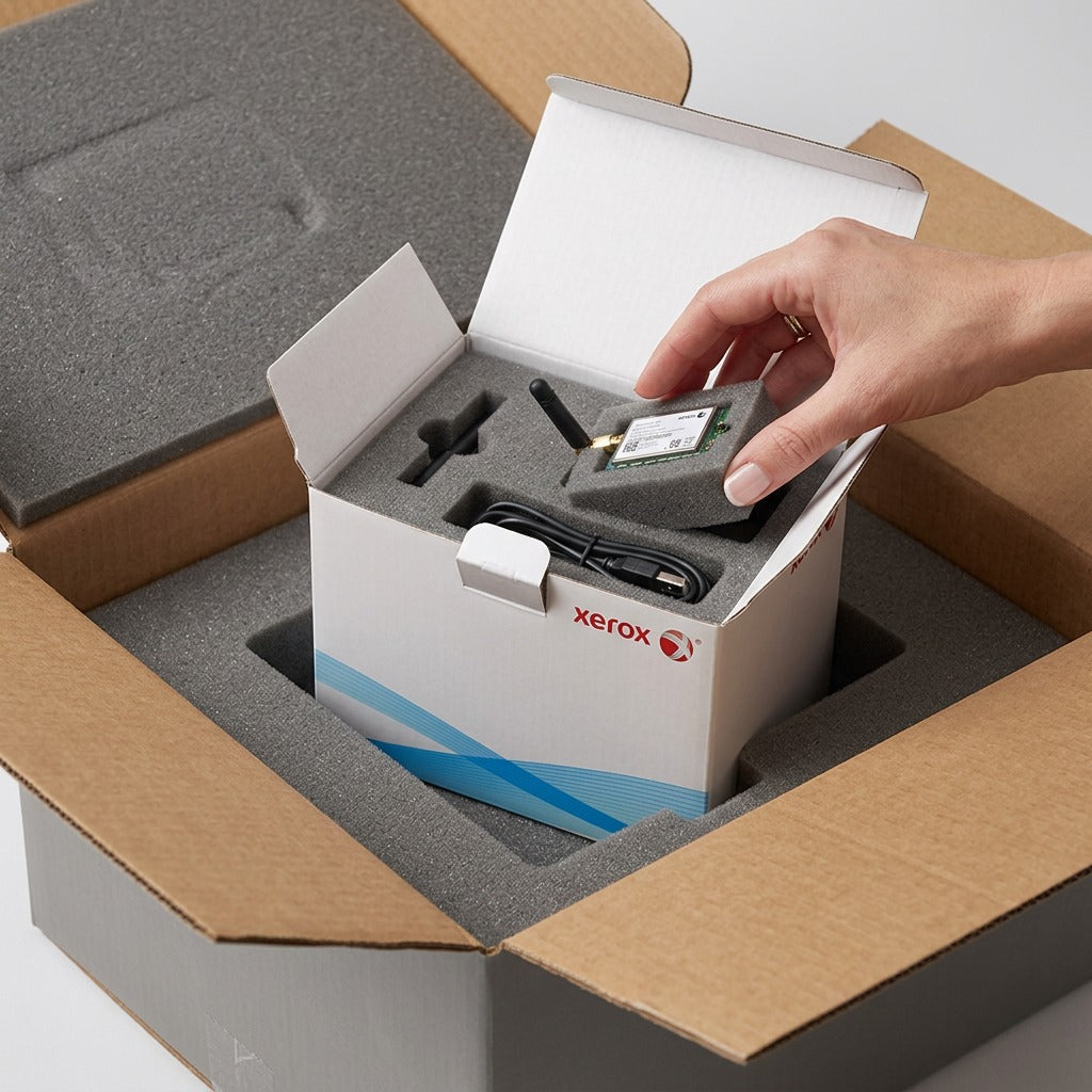 Realistic unboxing scene of the boxed Xerox WIRELESS KIT in premium foam-lined protective shipping material.