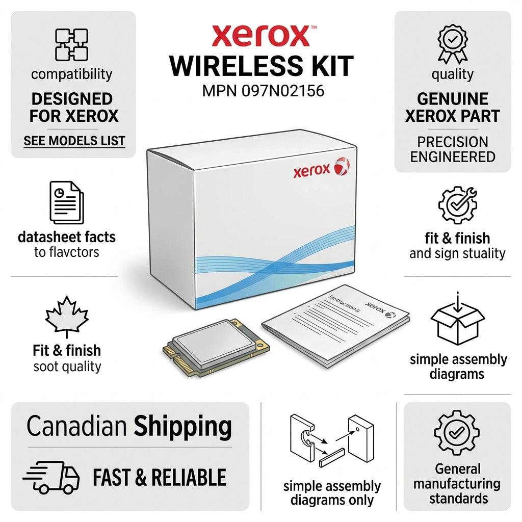 A infographic for the Xerox Wireless Kit 097N02156, and box, emphasizing trust, quality, and fast Canadian shipping.