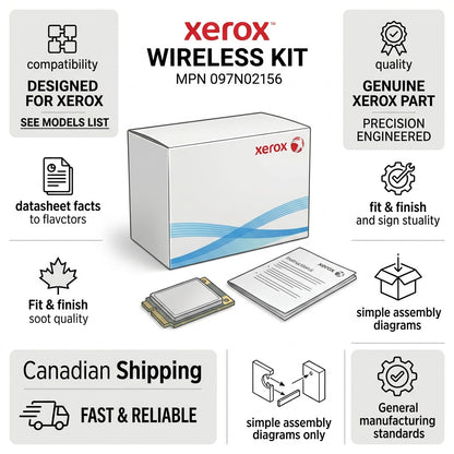 A infographic for the Xerox Wireless Kit 097N02156, and box, emphasizing trust, quality, and fast Canadian shipping.