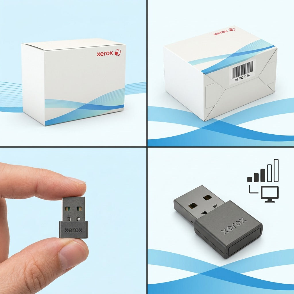 A PDP visual matrix showing the canonical Xerox Wireless Kit (097N02156) box from two distinct angles and contrasting it with the physical, compact USB wireless dongle it contains.