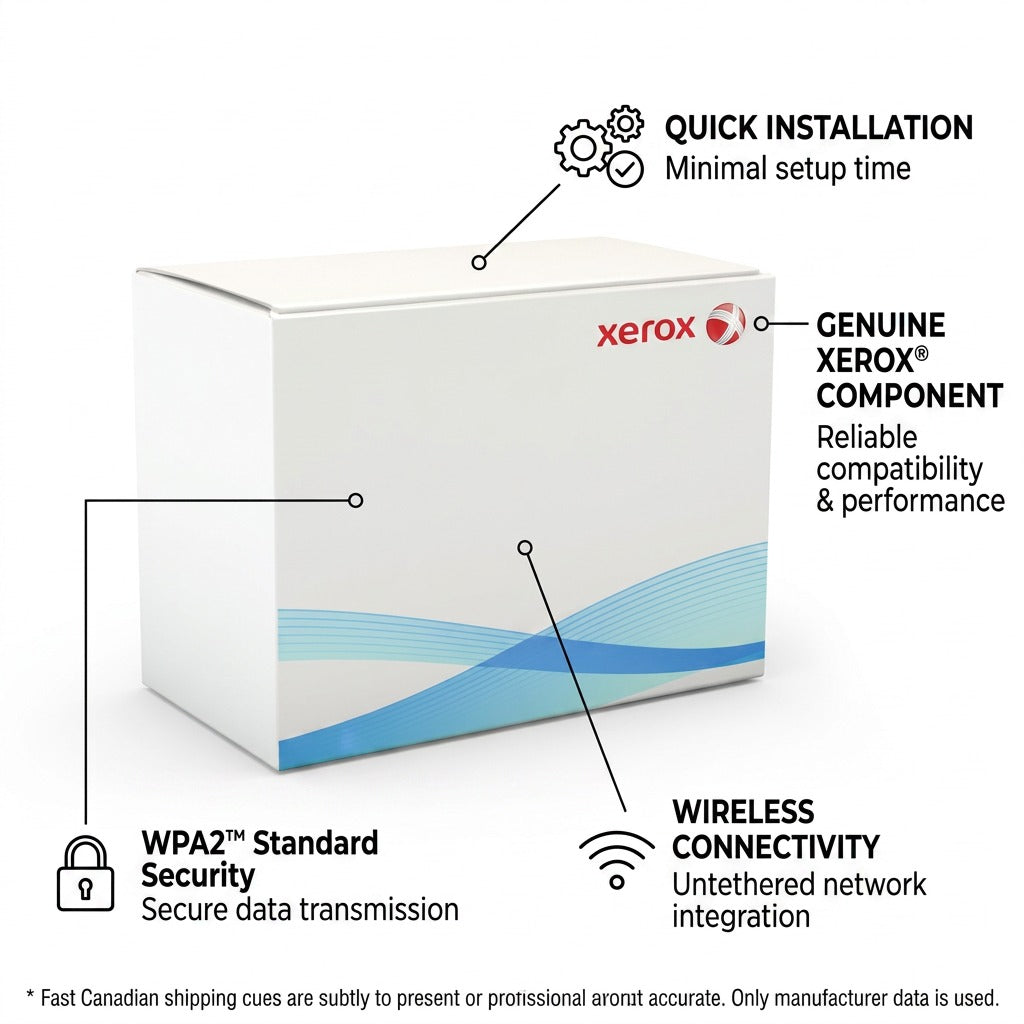 Xerox Wireless Kit image with feature callouts highlighting genuine part status, security, and wireless connectivity.
