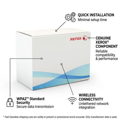 Xerox Wireless Kit image with feature callouts highlighting genuine part status, security, and wireless connectivity.