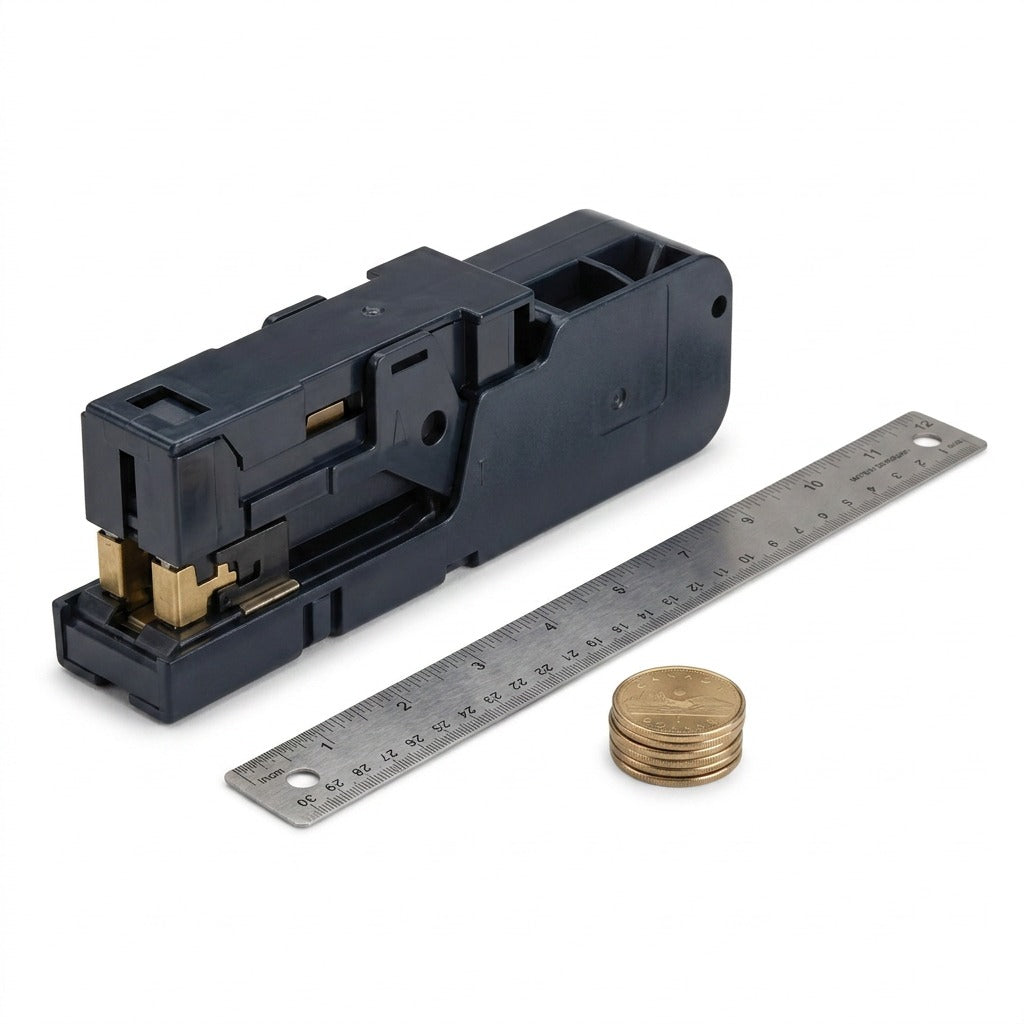 Xerox high-capacity staple cartridge shown beside a clear acrylic 12-inch ruler for precise size reference on white.