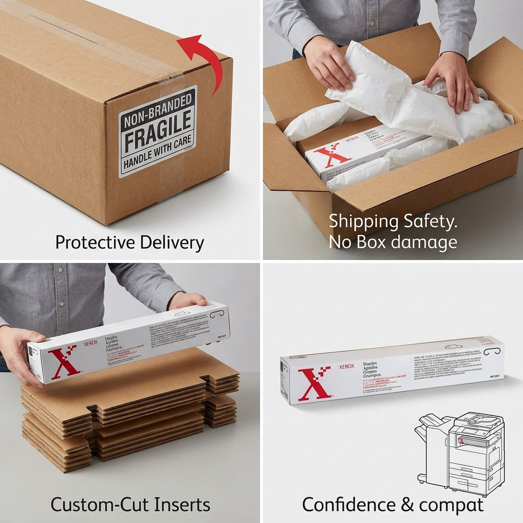 A dynamic low-angle photo of the Xerox staple cartridge box with its protective air-chamber cushion sliding out of an outer shipping box.