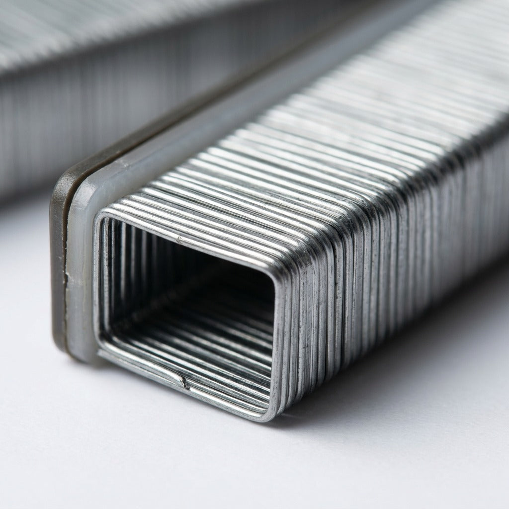 Extreme close-up macro view of the Xerox 008R12897 staple cartridge, showing a row of metal staples.