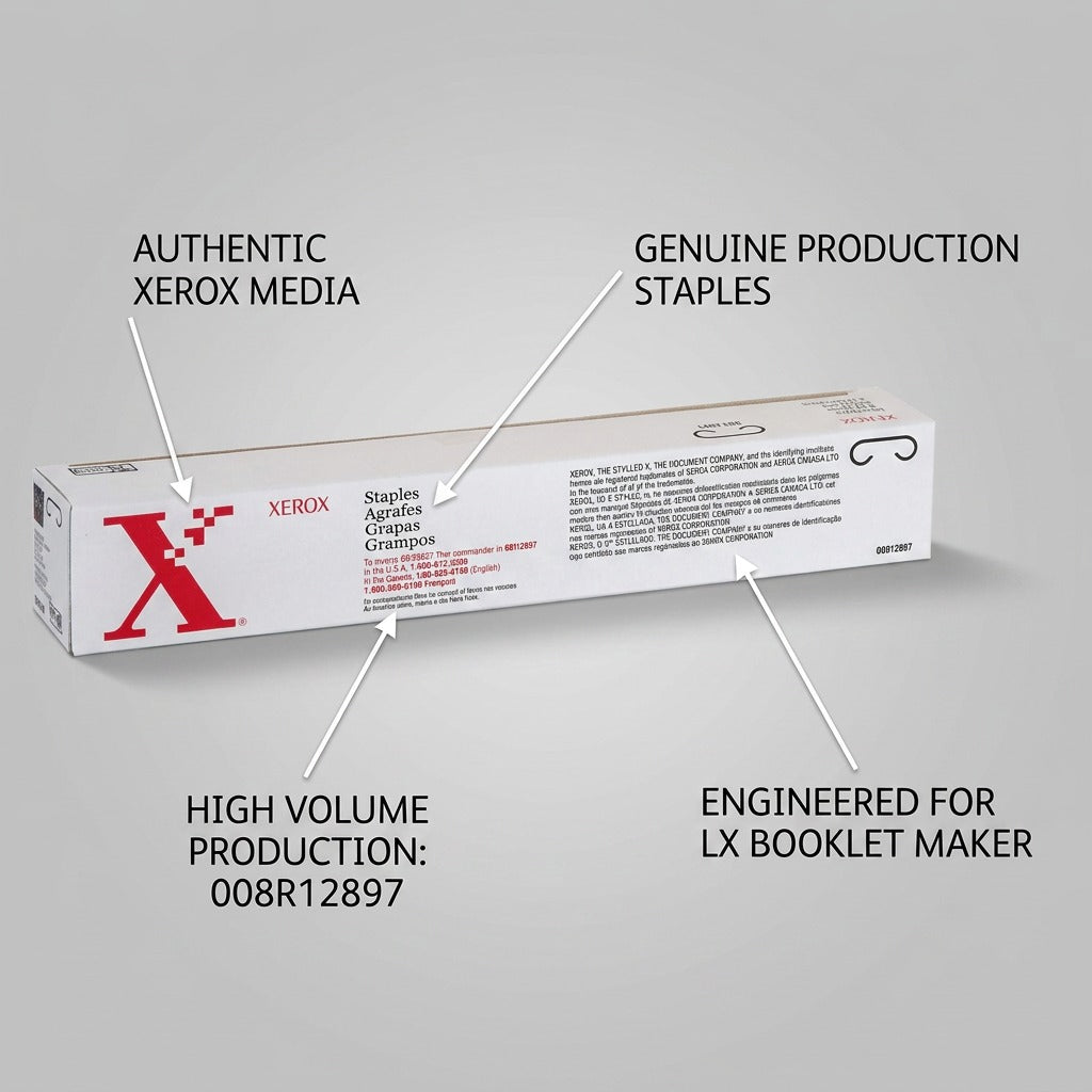Callout image for Xerox stapler cartridge 008R12897, detailing compatibility and use in LX Booklet Makers.