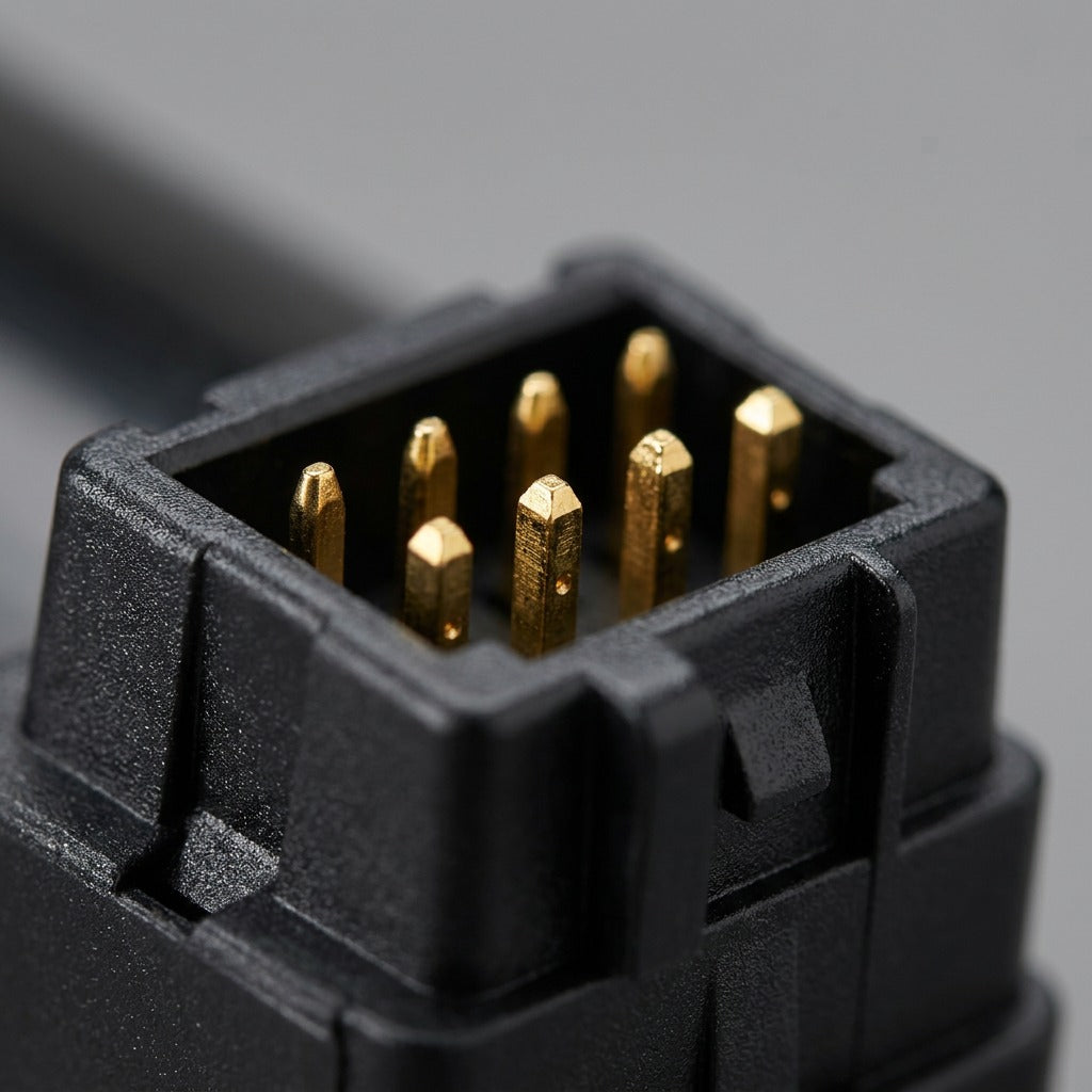 Macro detail of the Xerox 106R03743 toner cartridge connector showing gold-plated contacts.