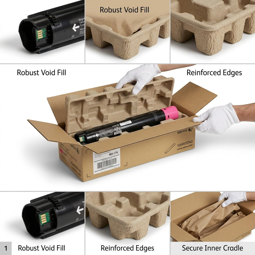 A visual matrix showing robust packaging for a genuine Xerox magenta toner, ensuring secure delivery.